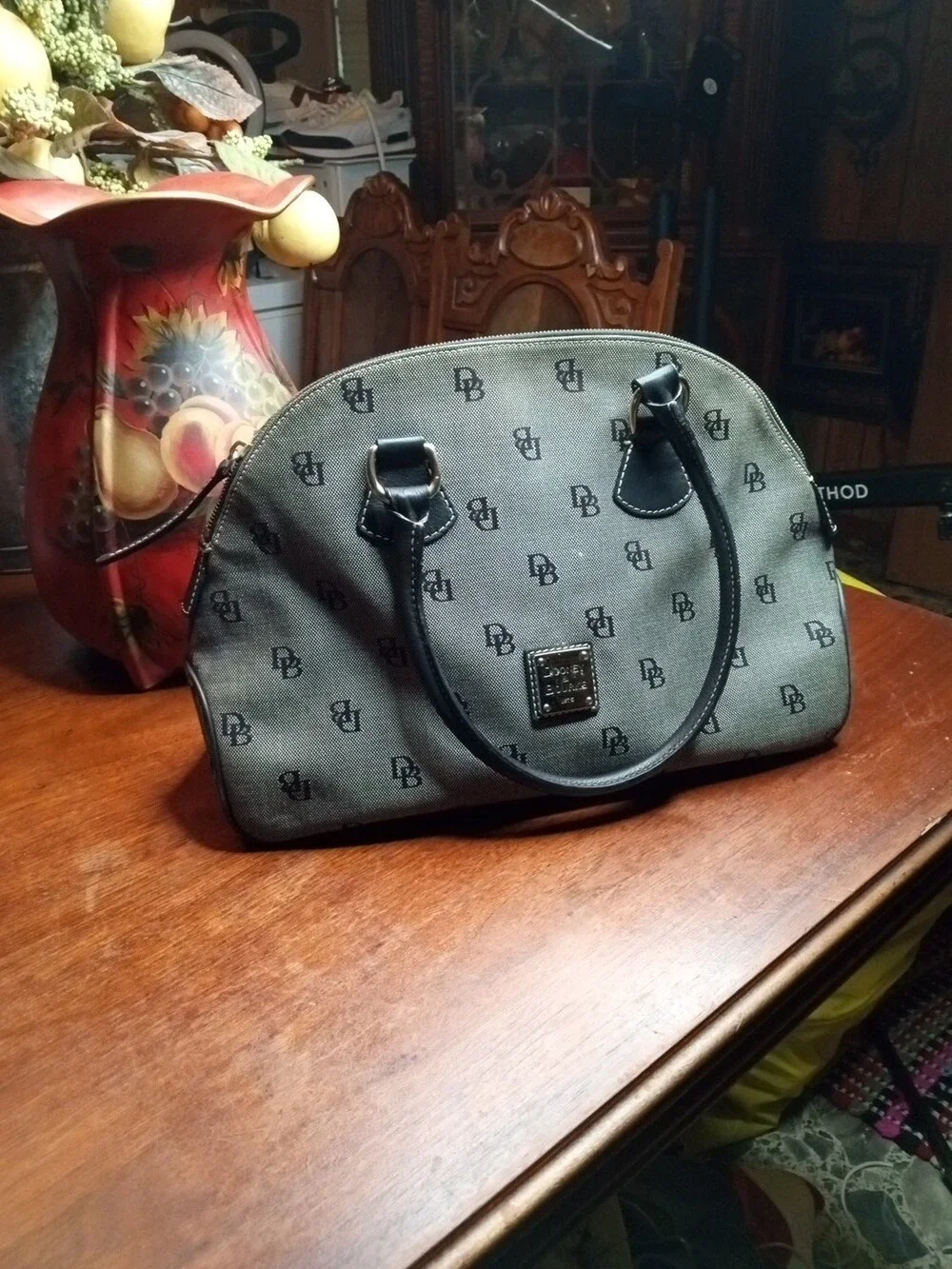 Dooney & Bourke Large Gray Monogram Canvas & Leather Trim Dome Satchel Bag GUC
